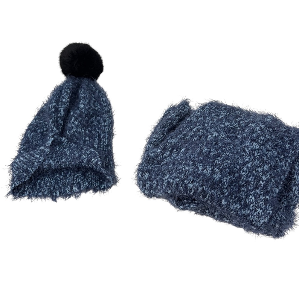 Isaac Mizrahi LIVE! Knit Beanie Infinity Scarf Set Blue Removable Pom Pom
